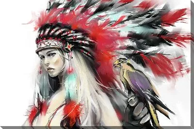 Картина маслом Девушка в образе индейца с перьями на голове