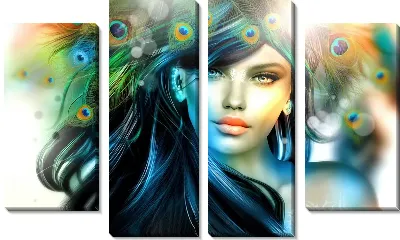 Модульная картина Девушка с перьями павлина №2