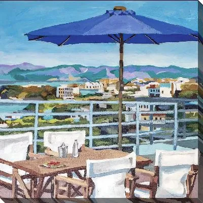 Постер Терраса с синим зонтом и видом на город