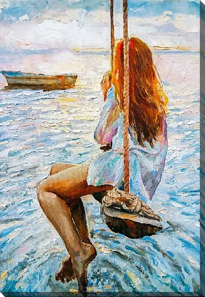 Картина маслом Девушка на качелях над морем