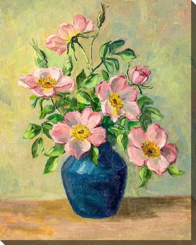Картина маслом Розовые цветы в синей вазе
