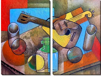 Модульная картина Натюрморт с гитарой в стиле кубизм