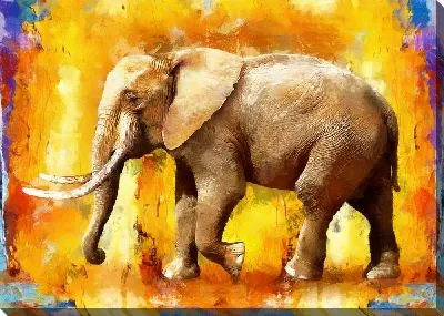 Картина маслом Слон с бивнями на желтом фоне