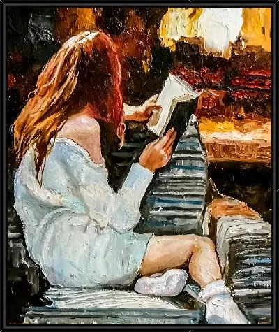 Девушка читает книгу у камина