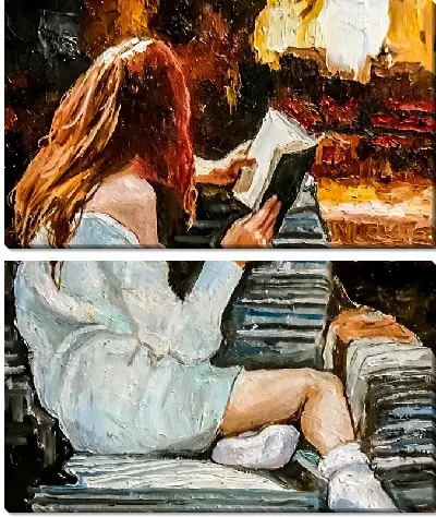 Девушка читает книгу у камина