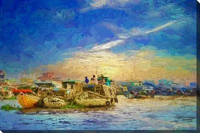 Картина маслом Лодки на фоне заката с людьми