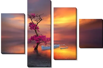 Модульная картина Сакура с лодкой на закате