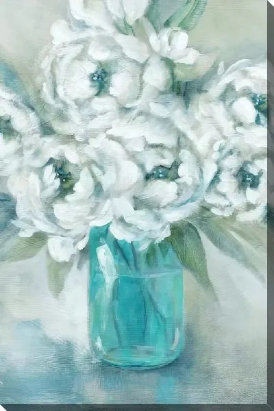 Картина маслом Букет белых пионов в голубой вазе