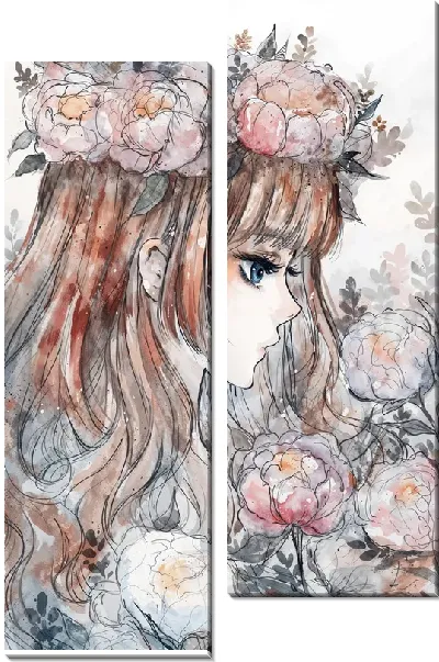 Модульная картина Аниме девушка с пионами на голове