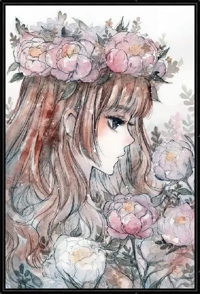 Картина Аниме девушка с пионами на голове