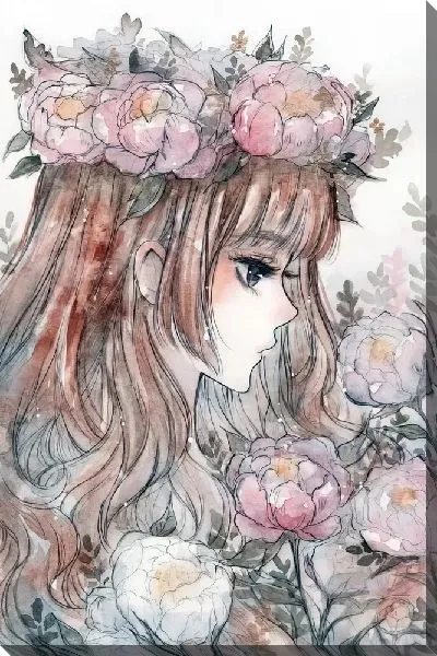 Постер Аниме девушка с пионами на голове