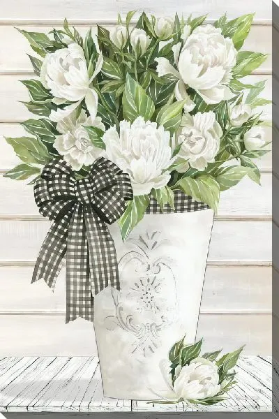 Картина маслом Букет цветов пионы в белой вазе с бантом
