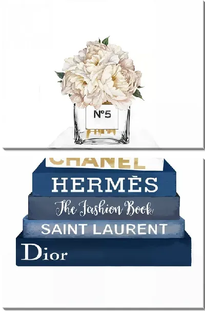 Модульная картина Chanel №5 на книгах с пионами