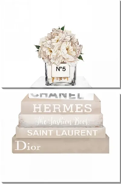 Модульная картина Chanel №5 на бежевых книгах с пионами
