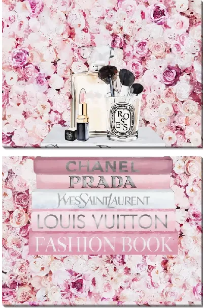 Модульная картина Косметика на книгах на фоне пионов