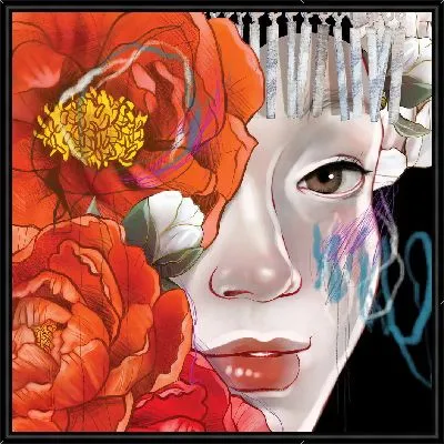 Лицо девушки с красными пионами