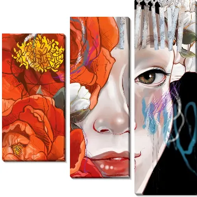 Лицо девушки с красными пионами