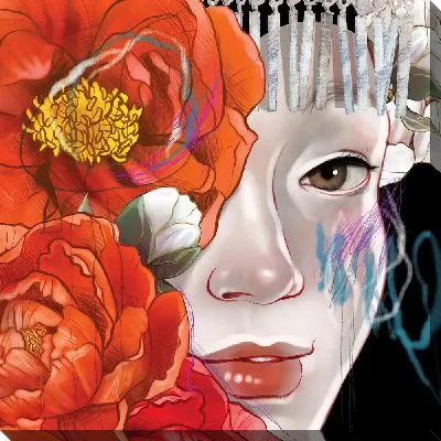 Лицо девушки с красными пионами