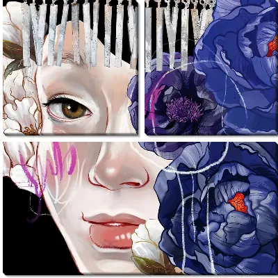 Модульная картина Лицо девушки с синими пионами