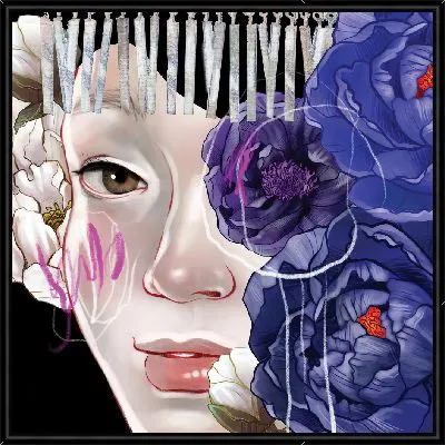 Лицо девушки с синими пионами