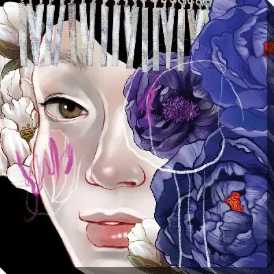 Лицо девушки с синими пионами