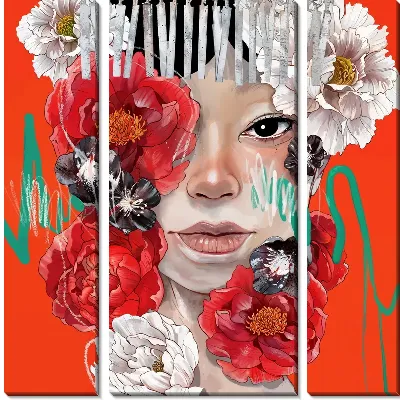 Модульная картина Лицо девушки с разноцветными пионами