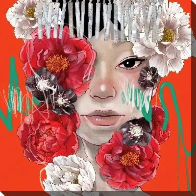 Картина маслом Лицо девушки с разноцветными пионами