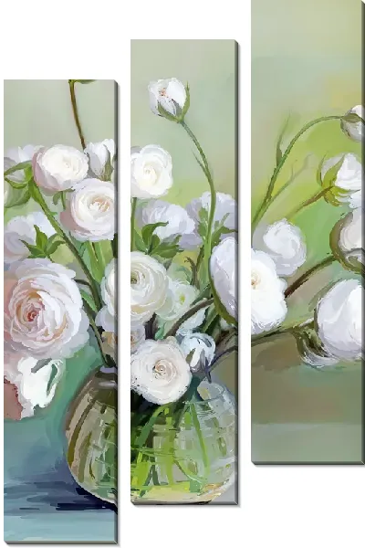 Модульная картина Белые пионы в прозрачной вазе