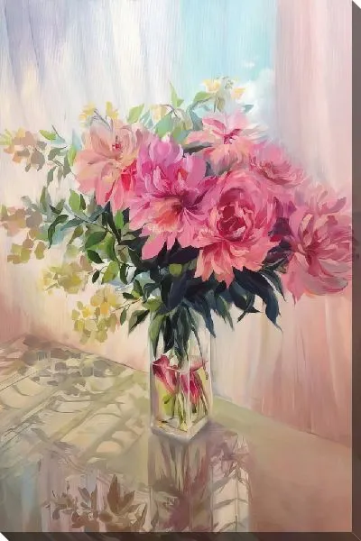 Картина маслом Букет пионов на летнем столики