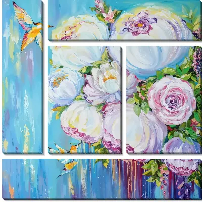 Модульная картина Пионы и колибри