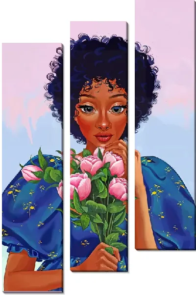 Модульная картина Девушка африканка с букетом пионов