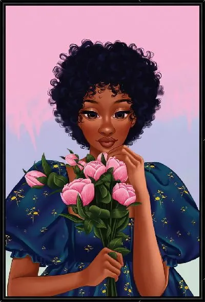 Картина Девушка африканка с букетом пионов