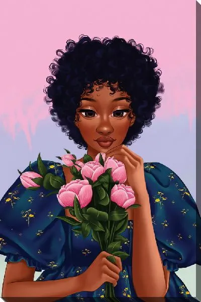 Постер Девушка африканка с букетом пионов