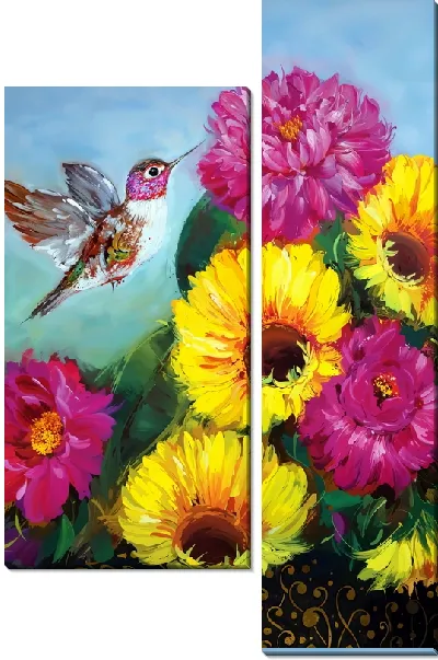 Модульная картина Колибри и разноцветные пионы