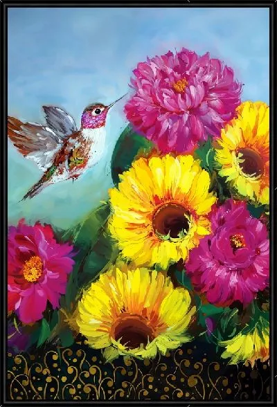 Картина Колибри и разноцветные пионы