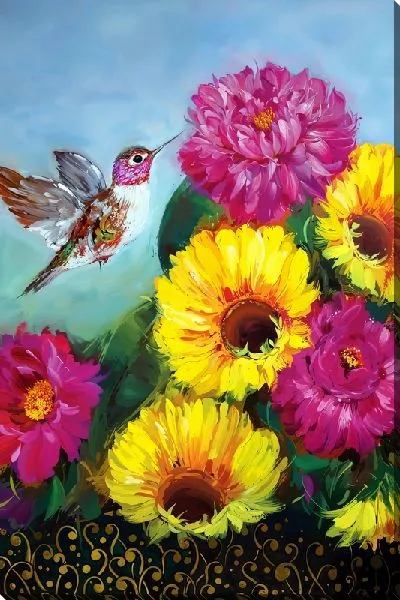 Картина маслом Колибри и разноцветные пионы