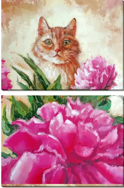 Модульная картина Кот смотрит на пионы