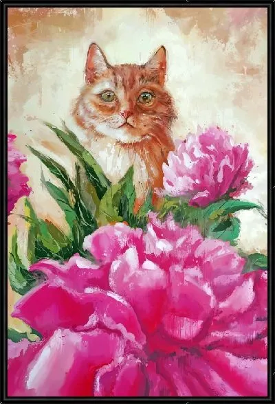 Картина Кот смотрит на пионы