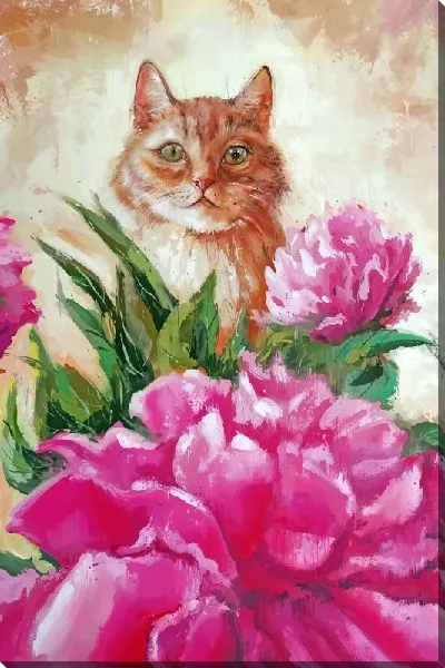 Картина маслом Кот смотрит на пионы