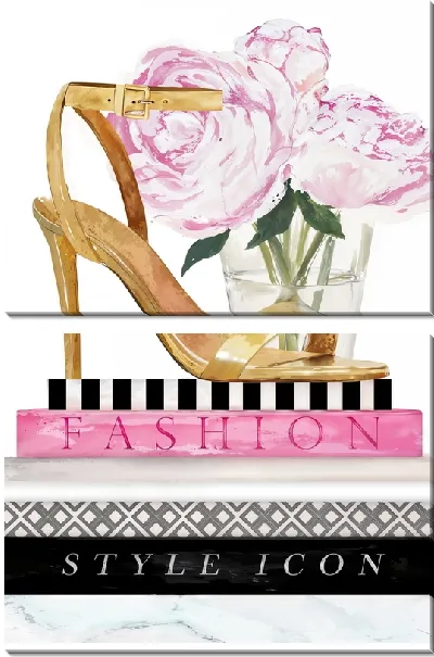 Модульная картина Золотые туфли на книгах с пионами в стакане