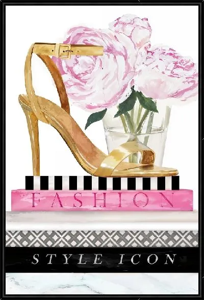 Картина Золотые туфли на книгах с пионами в стакане