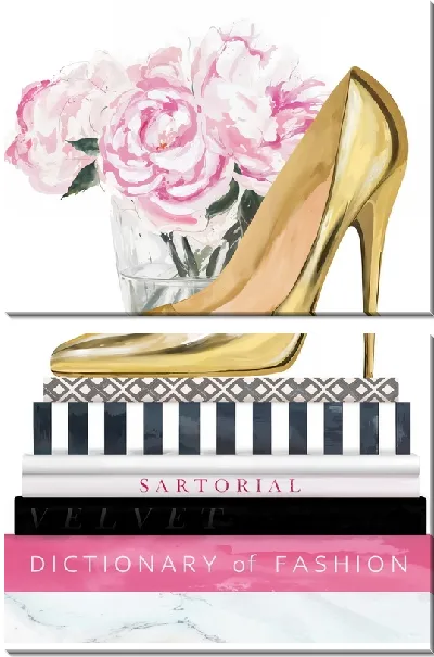 Модульная картина Модные золотые туфли на книгах с пионами в стакане