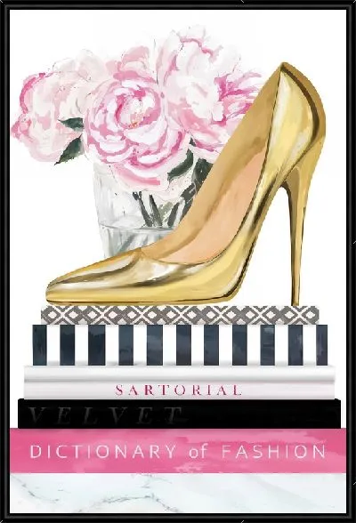 Картина Модные золотые туфли на книгах с пионами в стакане