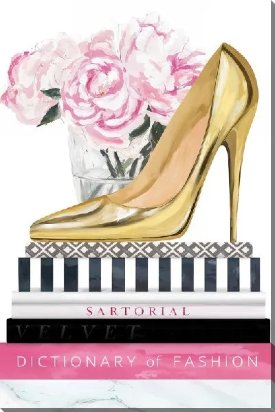 Картина маслом Модные золотые туфли на книгах с пионами в стакане