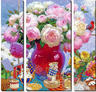 Модульная картина Рождественский сюжет с пионами в вазе