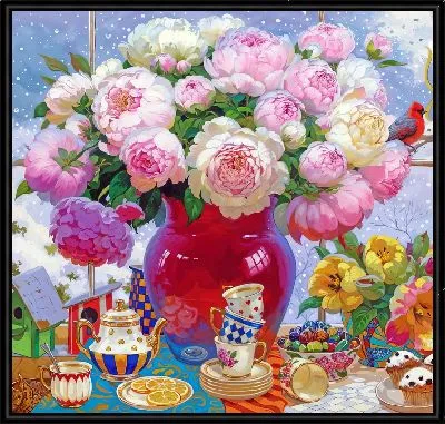 Рождественский сюжет с пионами в вазе