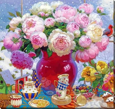 Рождественский сюжет с пионами в вазе