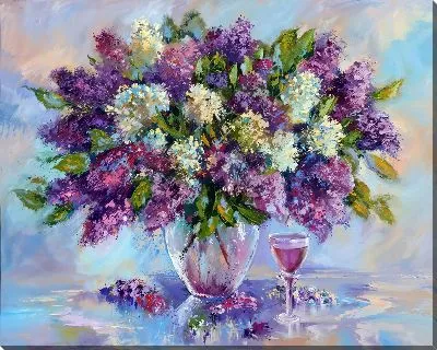 Картина маслом Букет сирень в прозрачной вазе