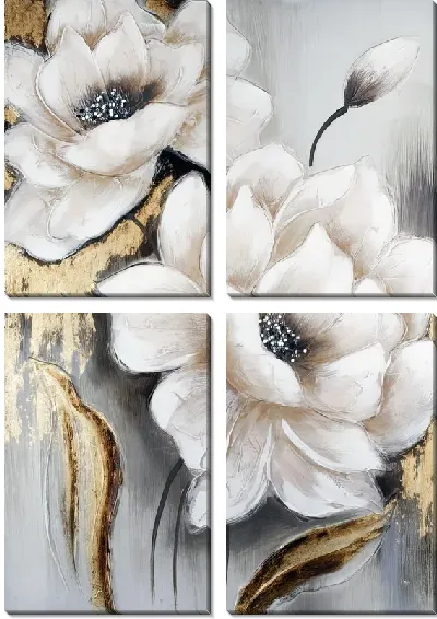 Модульная картина Белые цветки магнолии с золотой фактурой