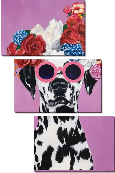 Модульная картина Далматинец в очках с розами и гортензией